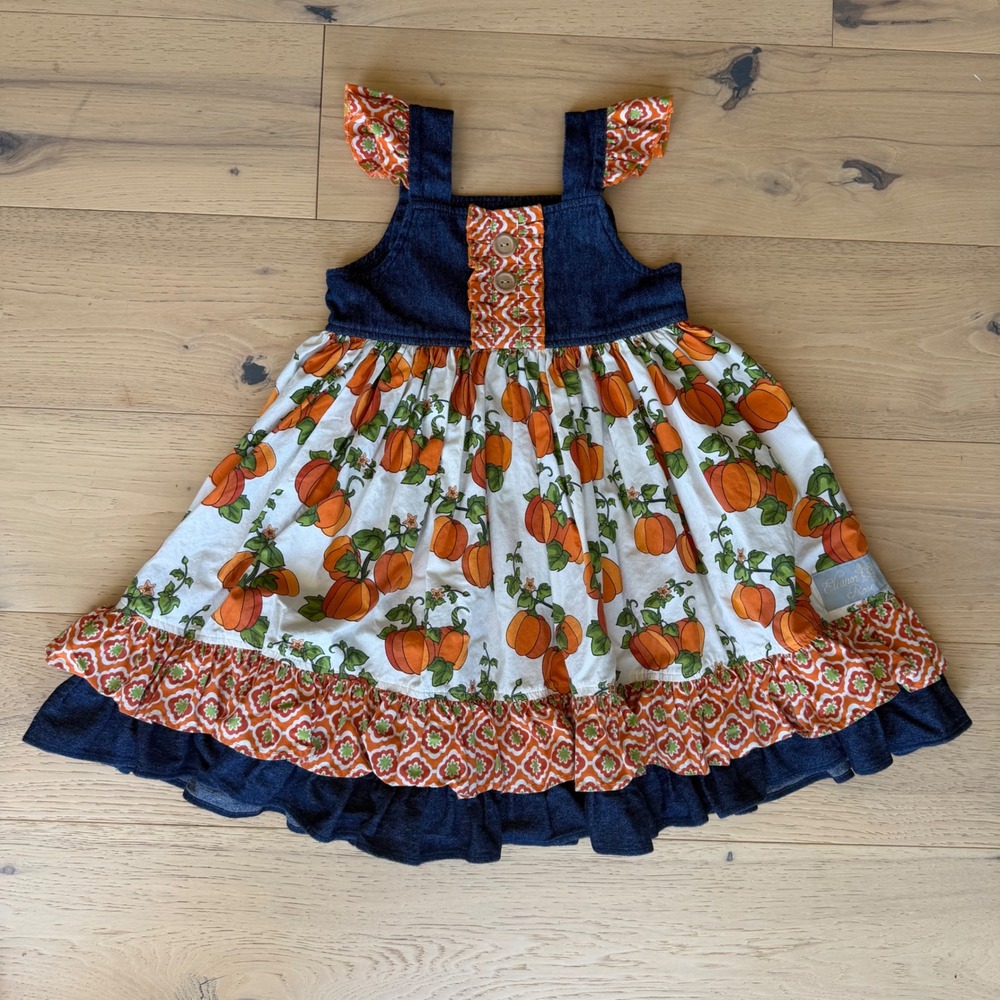 Eleanor Rose Girls Pumpkin Patch Denim Ruffle Dress Fall Thanksgiving Size 4-5